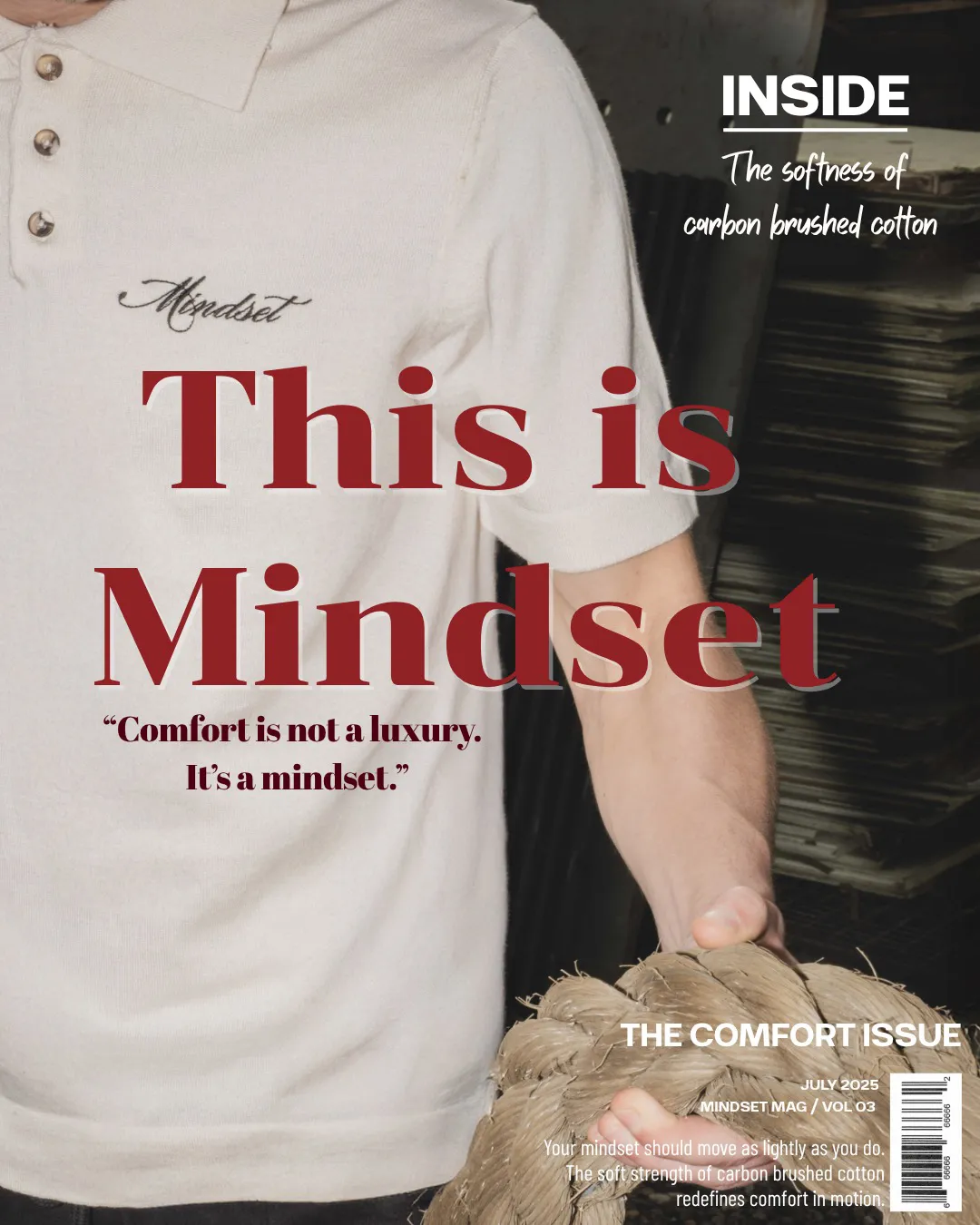 Close-up of the Mindset carbon brushed-cotton polo shirt, showcasing its texture and logo in a 'The Comfort Issue' magazine cover style.