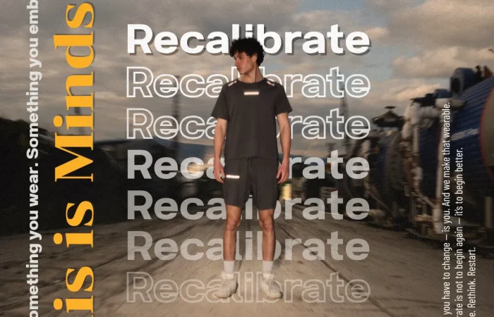 Model wearing the Mindset 'Recalibrate' technical t-shirt and shorts set in charcoal with reflective details, standing in an industrial train track setting.