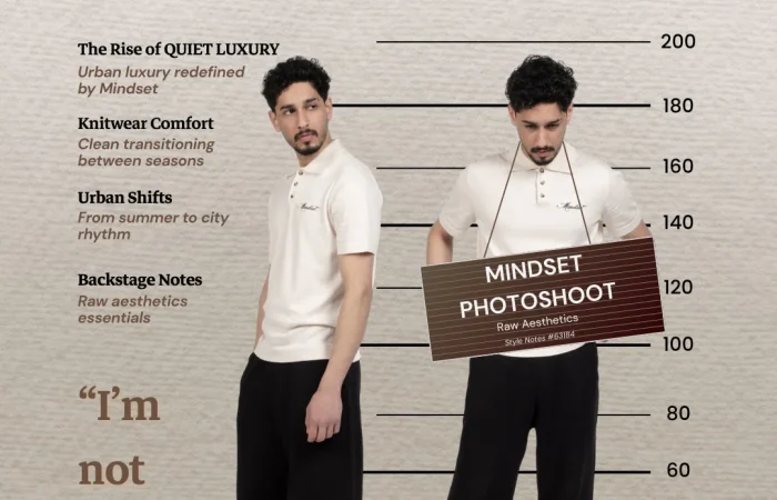 Male model wearing a cream polo knit shirt and black trousers from Mindset's quiet luxury September collection, featured in a magazine cover style visual.