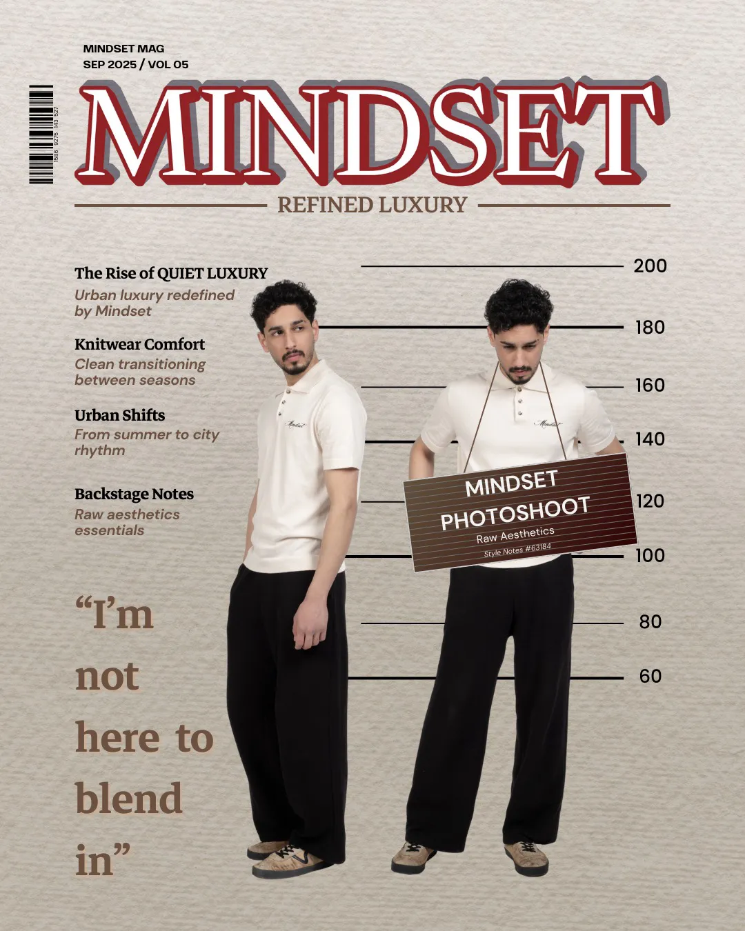 Male model wearing a cream polo knit shirt and black trousers from Mindset's quiet luxury September collection, featured in a magazine cover style visual.